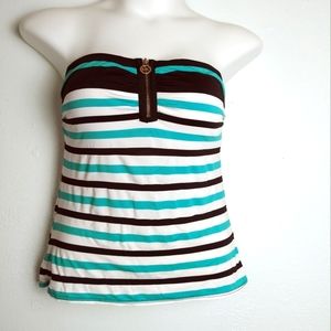Michael Kors L/G Bandeau Tankini Aqua Blue/Black Striped